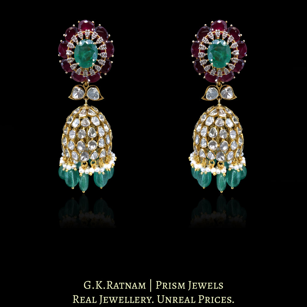 14k Gold and Diamond Polki Open Setting Jhumki Earring Pair with Lab-Grown Emerald
