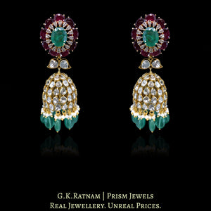 14k Gold and Diamond Polki Open Setting Jhumki Earring Pair with Lab-Grown Emerald