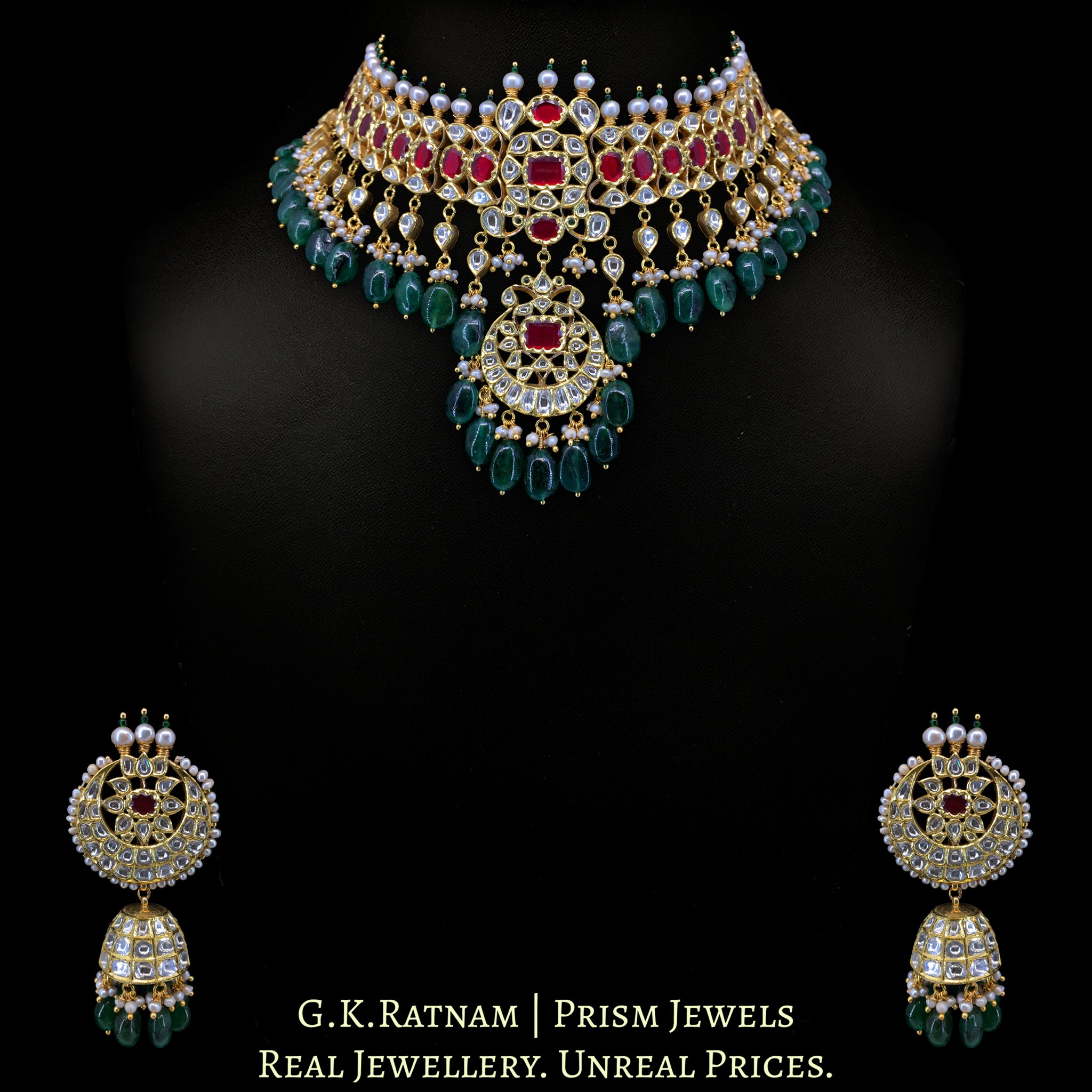 18k Gold and Diamond Polki south-style Choker Necklace Set with Natural Emeralds