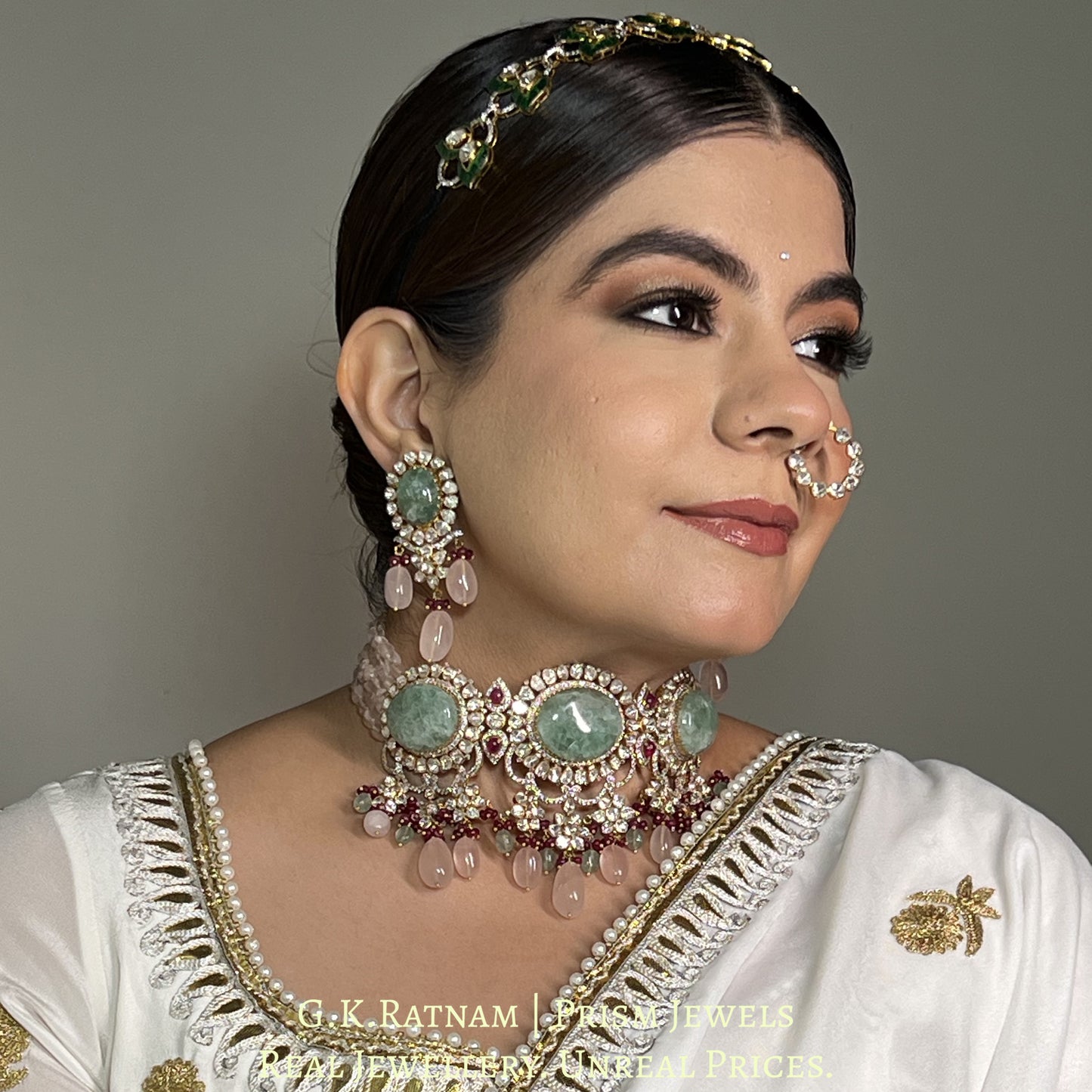 18k Gold and Diamond Polki Open Setting Necklace Set with Strawberry Quartz and Rose Quartz - G. K. Ratnam