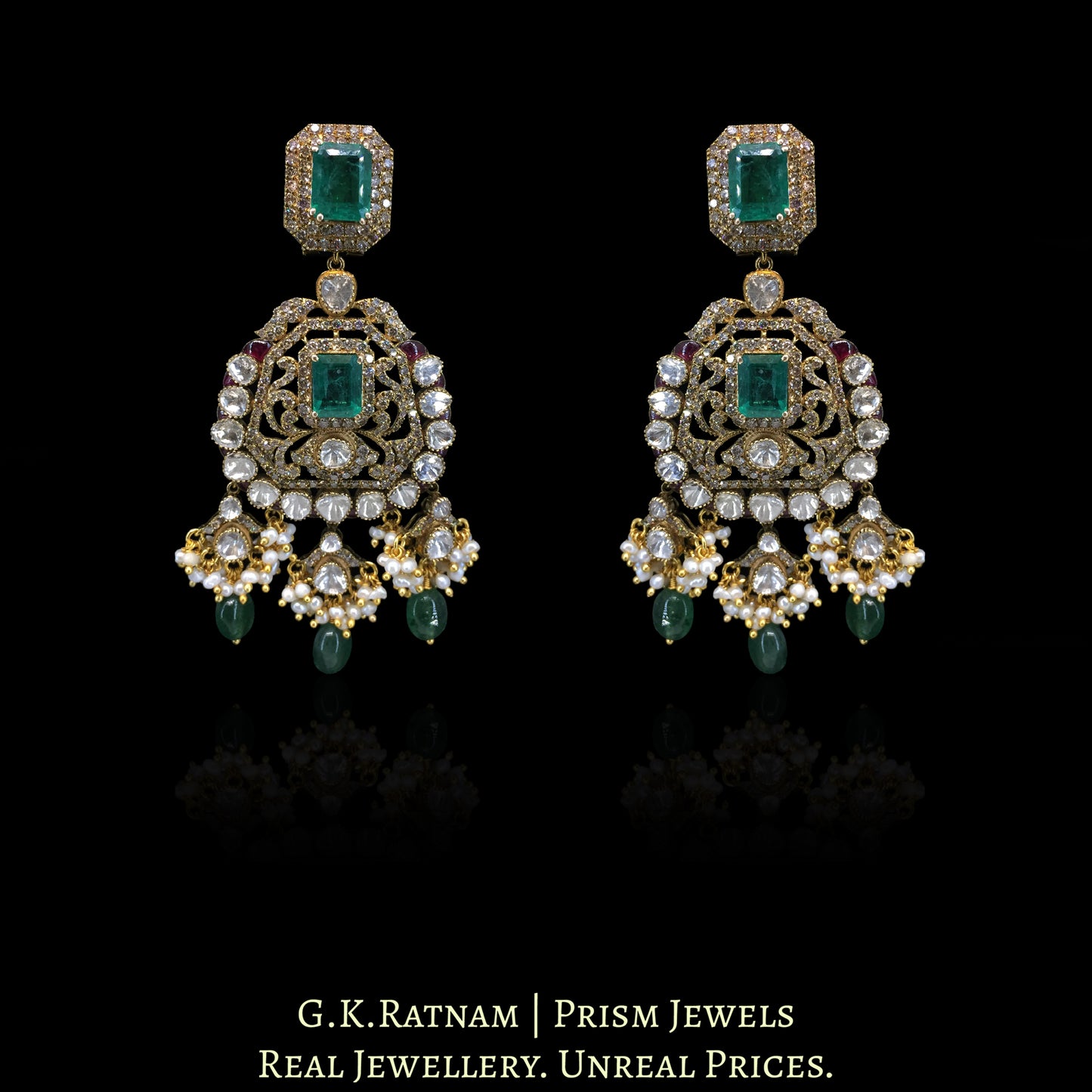14k Gold and Diamond Polki Open Setting victorian-finish Long Necklace Set with Emeralds