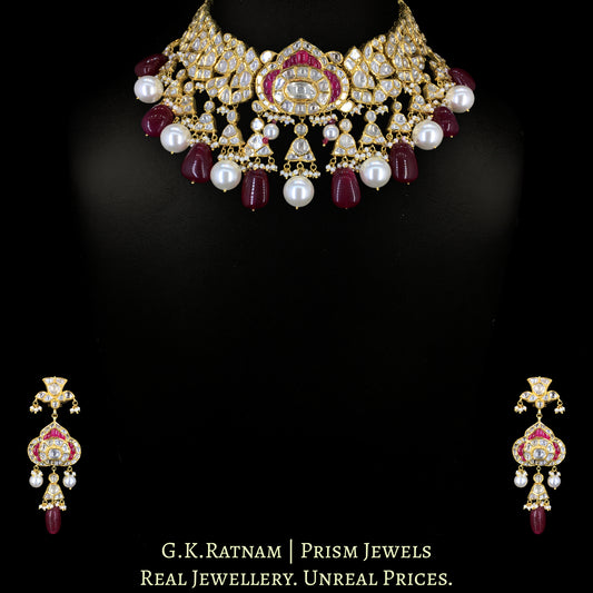 18k Gold and Diamond Polki Choker Necklace Set with Rubies - G. K. Ratnam