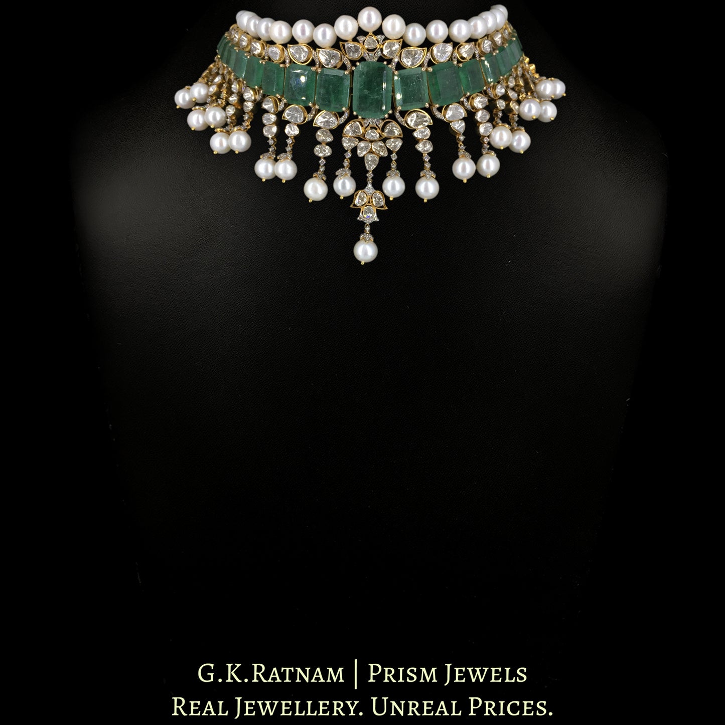 14k Gold and Diamond Polki Open Setting Necklace Set with emerald-green Strawberry Quartz