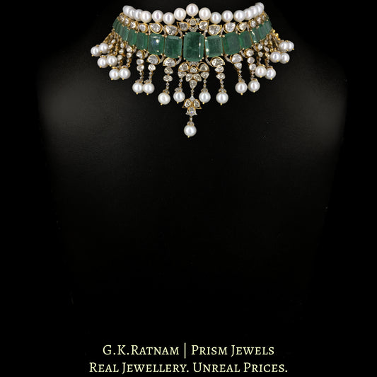 14k Gold and Diamond Polki Open Setting Necklace Set with emerald-green Strawberry Quartz