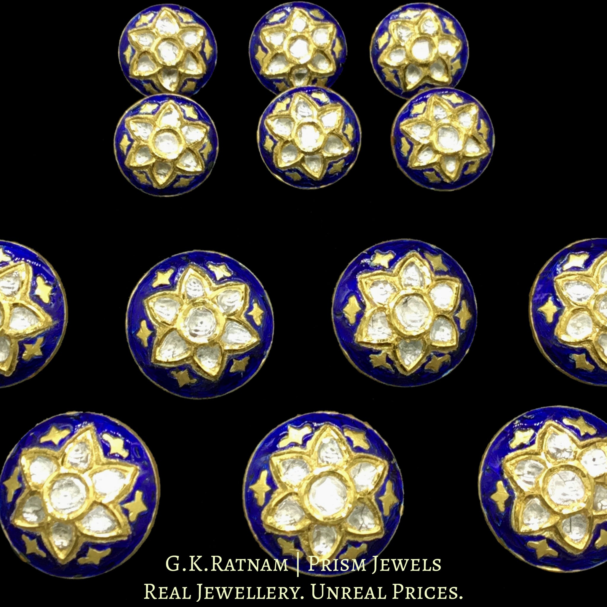 18k Gold and Diamond Polki Sherwani Buttons with Blue Enamel