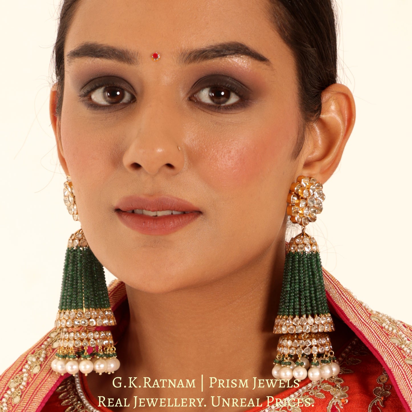 14K Gold and Diamond Polki Open Setting three-tiered Jhumki Earrings