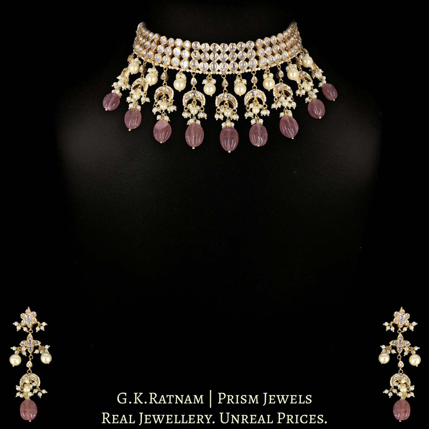 18k Gold and Diamond Polki Choker Necklace Set with inverted crescents motifs enhanced by hand-carved Strawberry Quartz Melons and Pearls