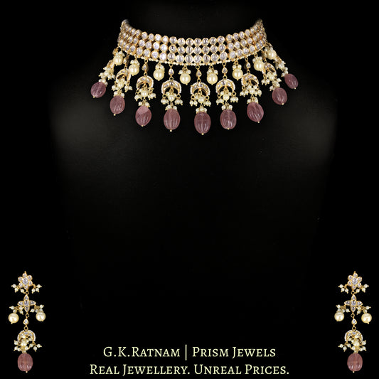 18k Gold and Diamond Polki Choker Necklace Set with inverted crescents motifs enhanced by hand-carved Strawberry Quartz Melons and Pearls