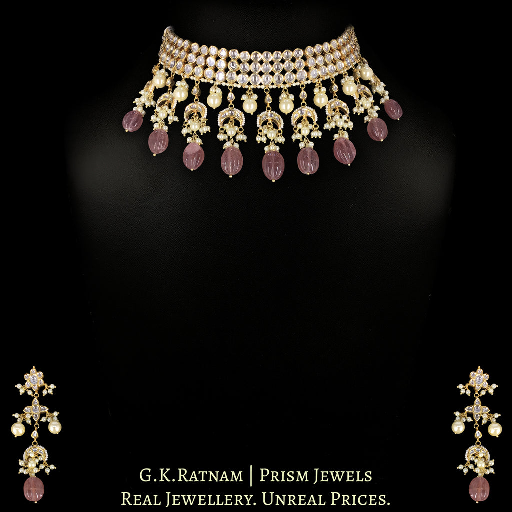 18k Gold and Diamond Polki Choker Necklace Set with inverted crescents motifs enhanced by hand-carved Strawberry Quartz Melons and Pearls