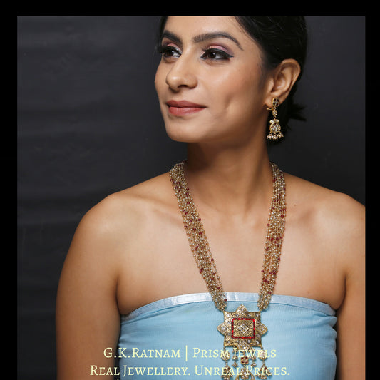 23k Gold and Diamond Polki fancy red Pendant Set with antiqued hyderabadi pearl chains