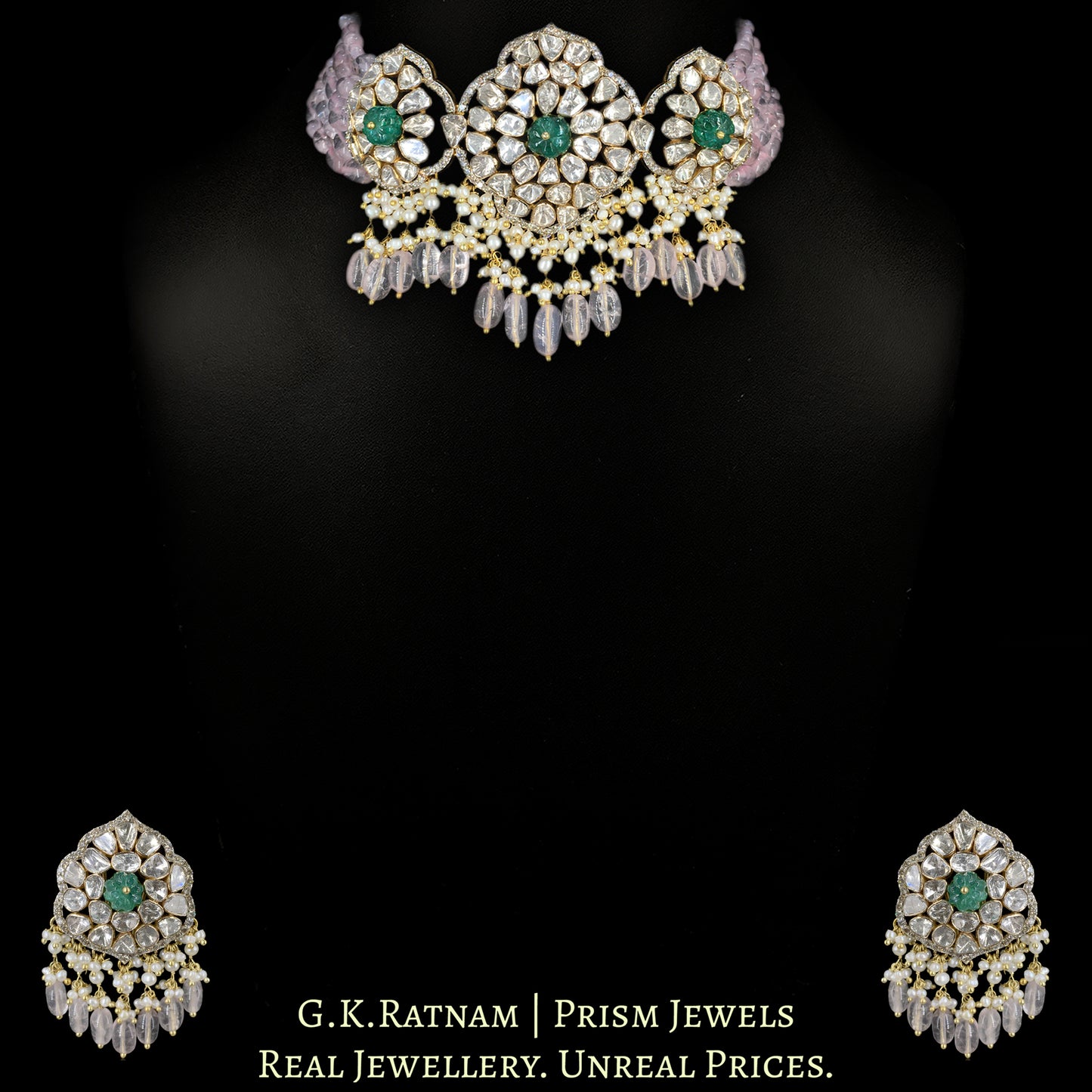 14k Gold and Diamond Polki Open Setting Choker Necklace Set strung in Morganites