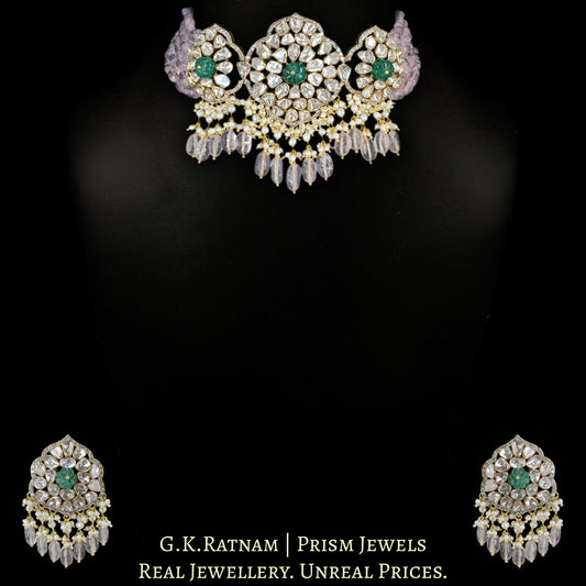 14k Gold and Diamond Polki Open Setting Choker Necklace Set strung in Morganites