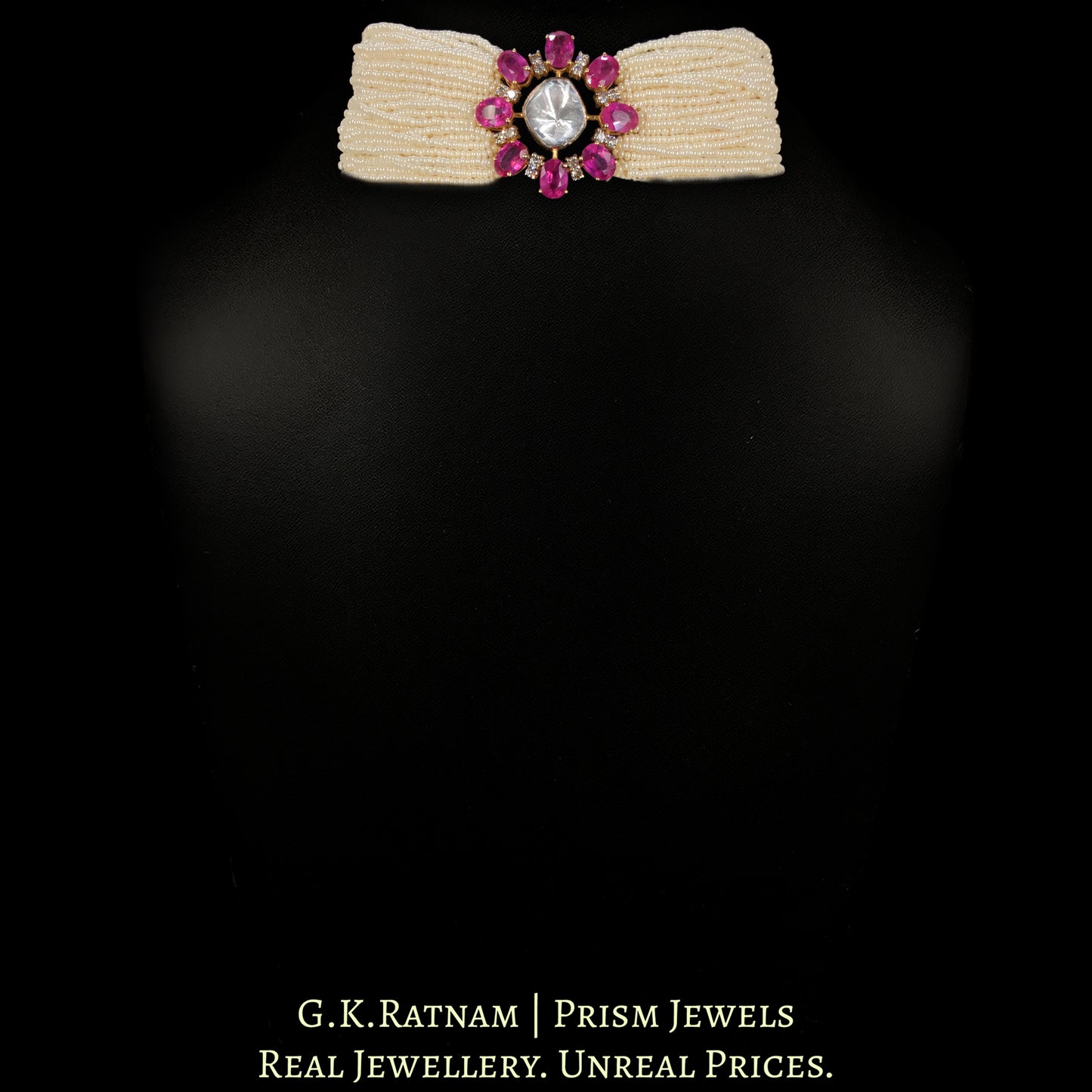 14K Gold and Diamond Polki Open Setting Ruby Choker Necklace Set With Ring - G. K. Ratnam