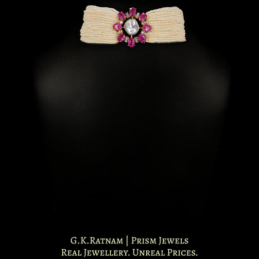 14K Gold and Diamond Polki Open Setting Ruby Choker Necklace Set With Ring - G. K. Ratnam
