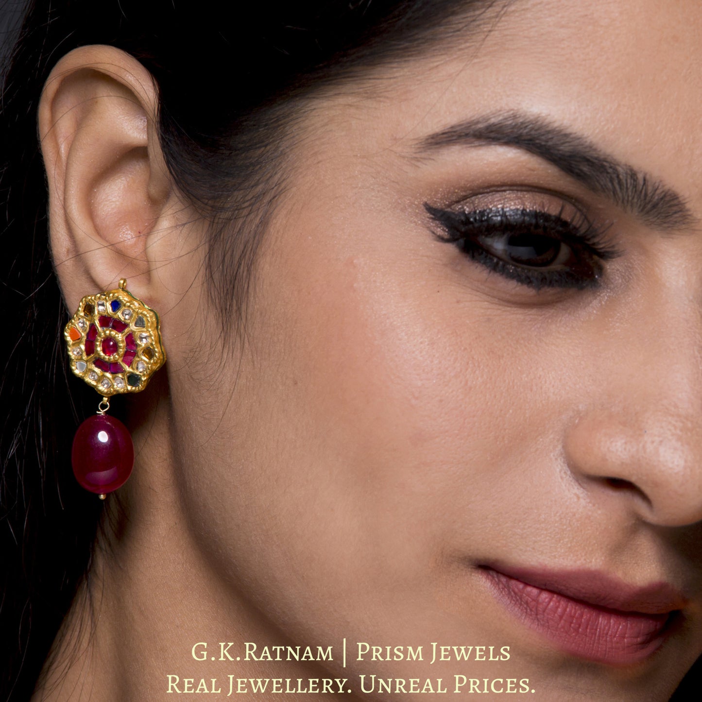 23k Gold and Diamond Polki Navratna floral Pendant Set with multi-color chains