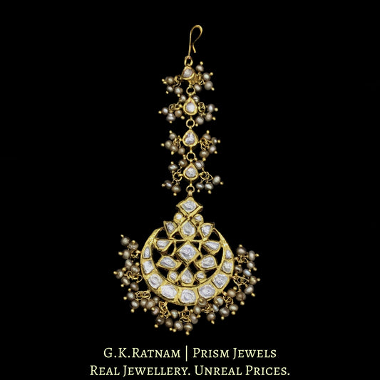 18k Gold and Diamond Polki Maang Tika strung in Antiqued Freshwater Pearls