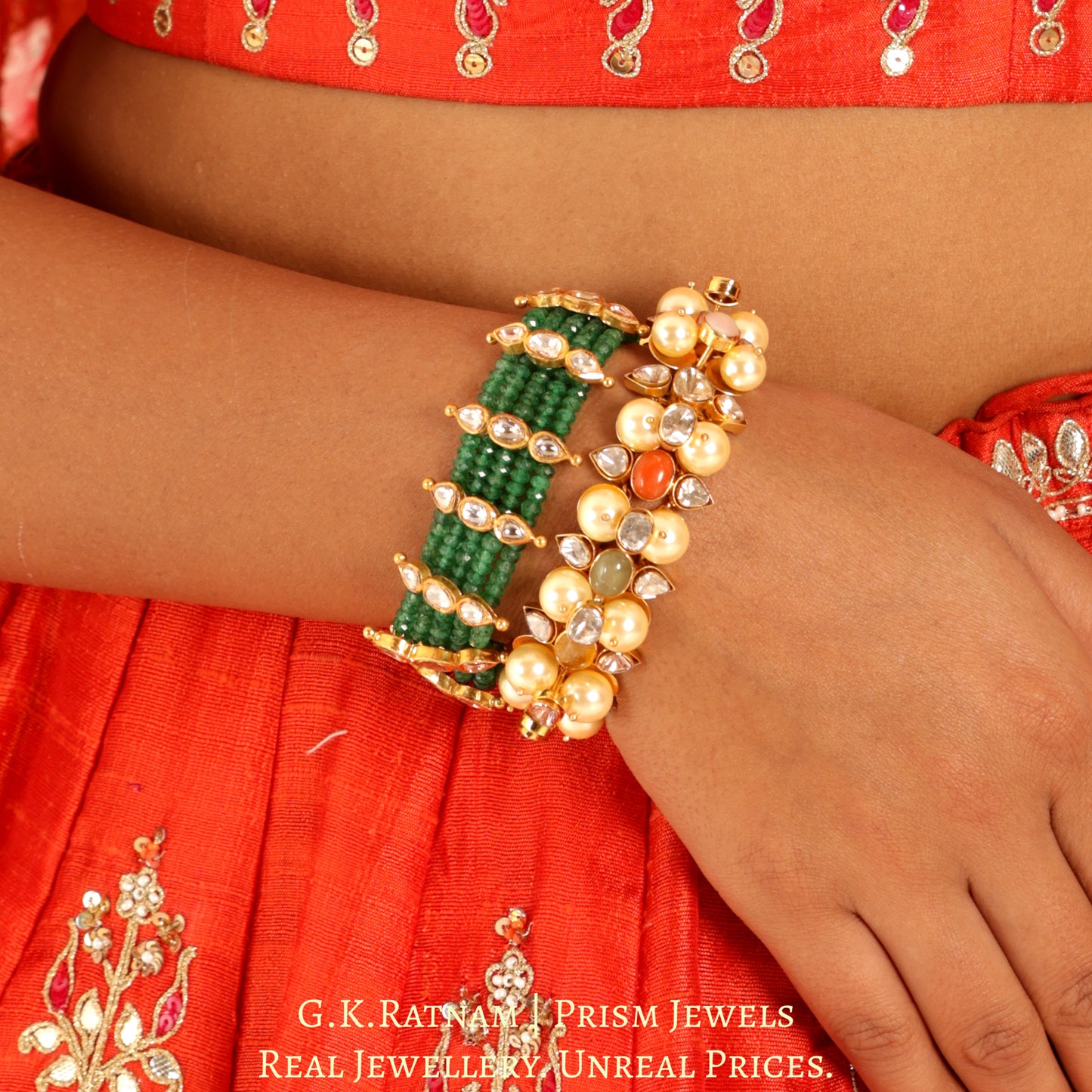 18k Gold and Diamond Polki Open Setting Bracelet with Navratna Stones