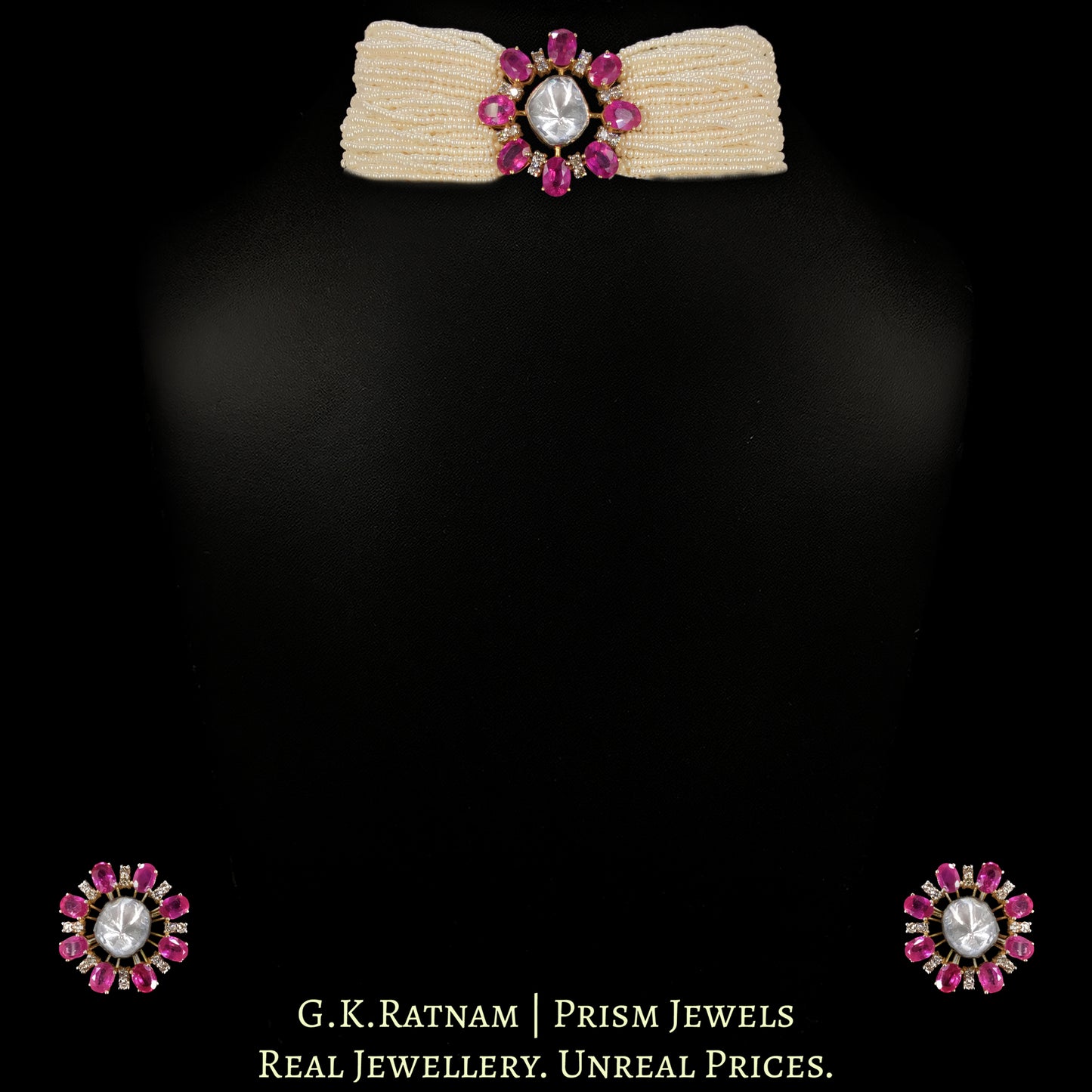 14K Gold and Diamond Polki Open Setting Ruby Choker Necklace Set With Ring - G. K. Ratnam