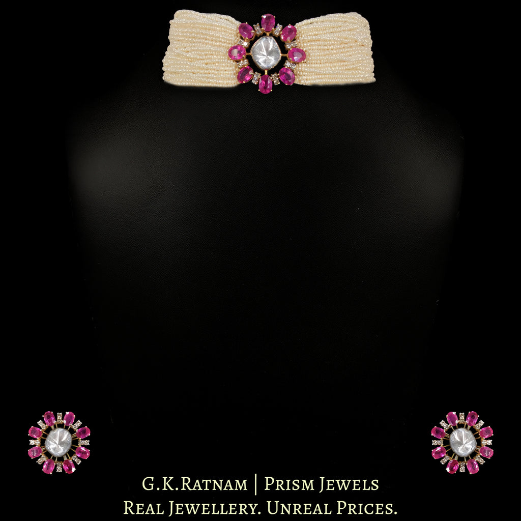14K Gold and Diamond Polki Open Setting Ruby Choker Necklace Set With Ring
