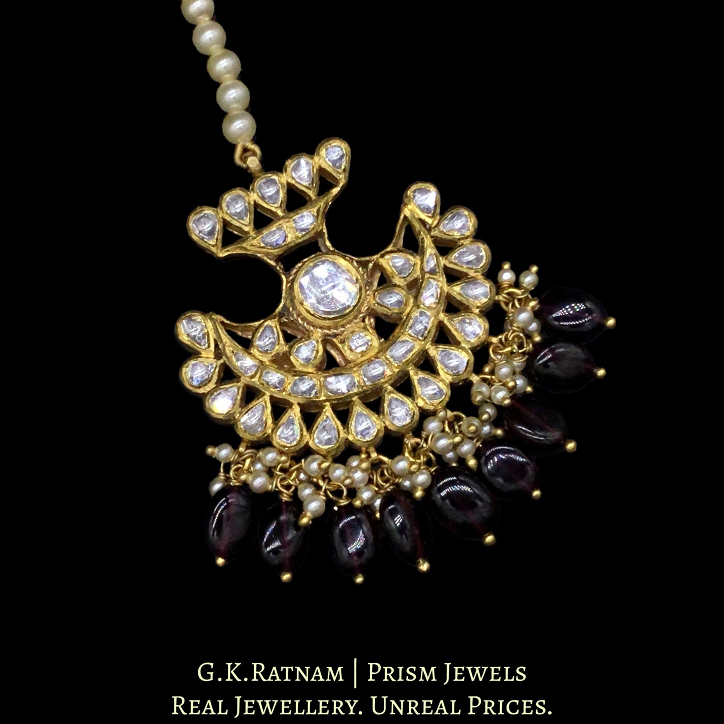 18k Gold and Diamond Polki pankhi (fan) Maang Tika with Natural Mozambique Garnets