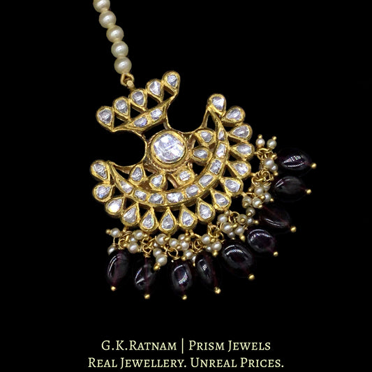 18k Gold and Diamond Polki pankhi (fan) Maang Tika with Natural Mozambique Garnets