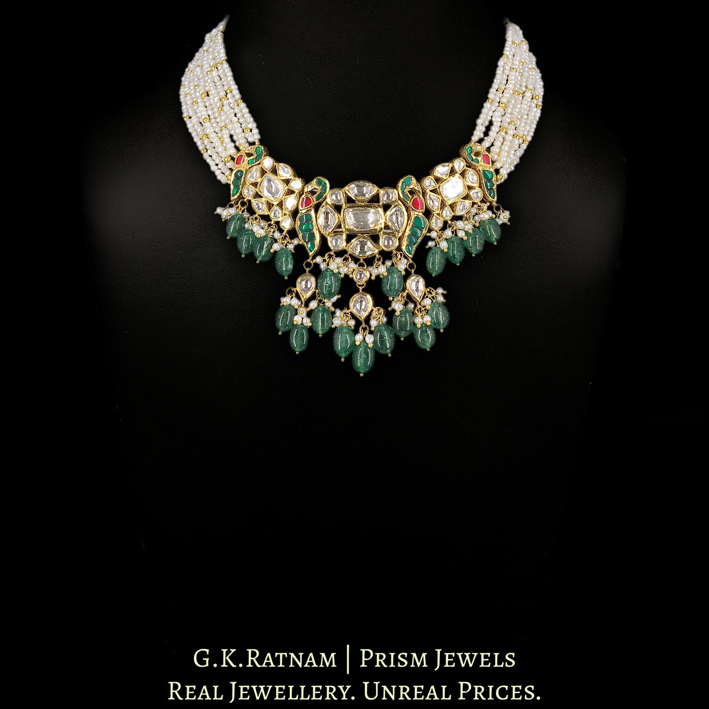 22k Gold and Diamond Polki Necklace with Natural Freshwater Pearls and Strawberry Quartz - G. K. Ratnam