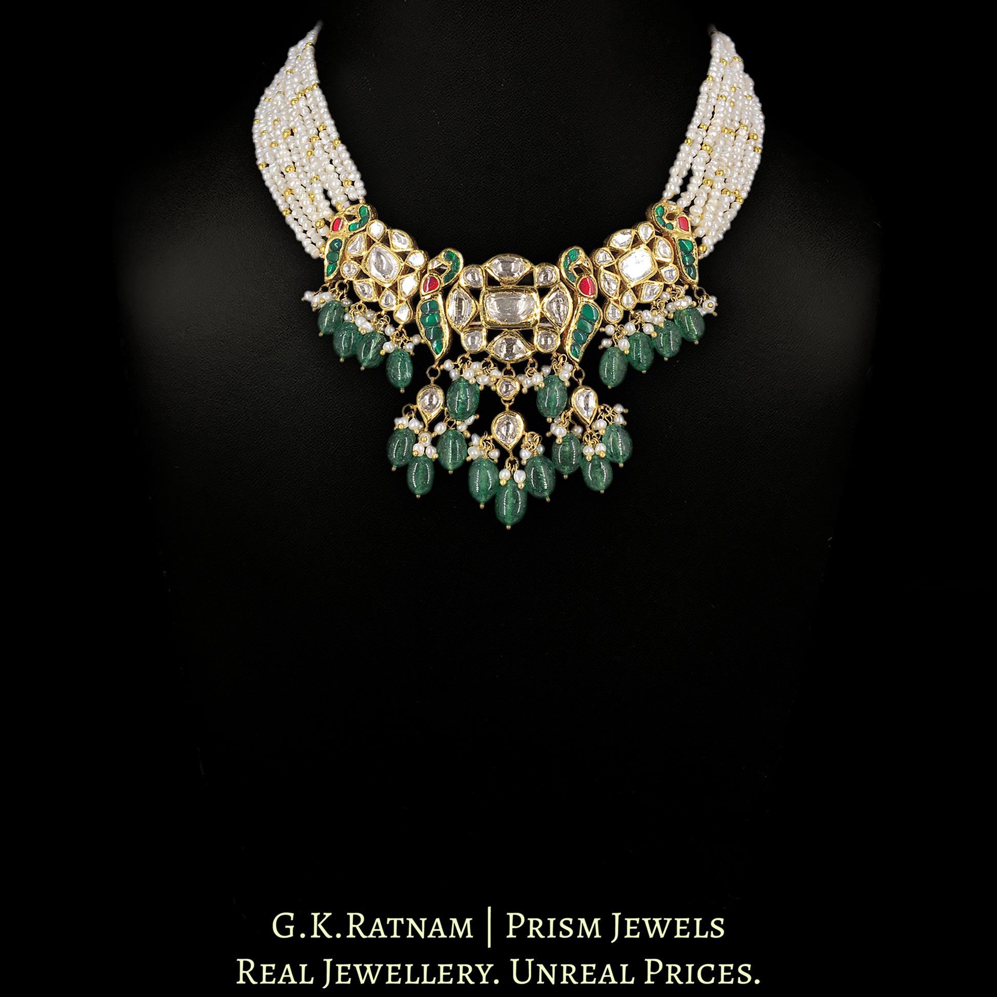 22k Gold and Diamond Polki Necklace with Natural Freshwater Pearls and Strawberry Quartz - G. K. Ratnam