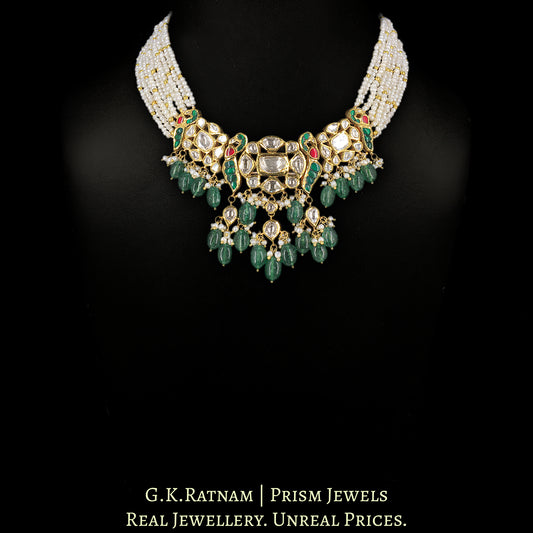 22k Gold and Diamond Polki Necklace with Natural Freshwater Pearls and Strawberry Quartz - G. K. Ratnam