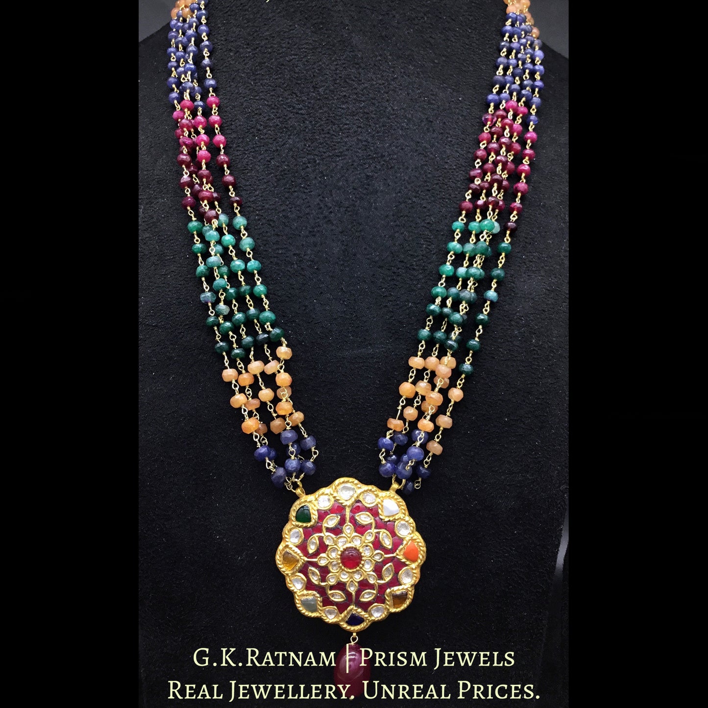 23k Gold and Diamond Polki Navratna floral Pendant Set with multi-color chains
