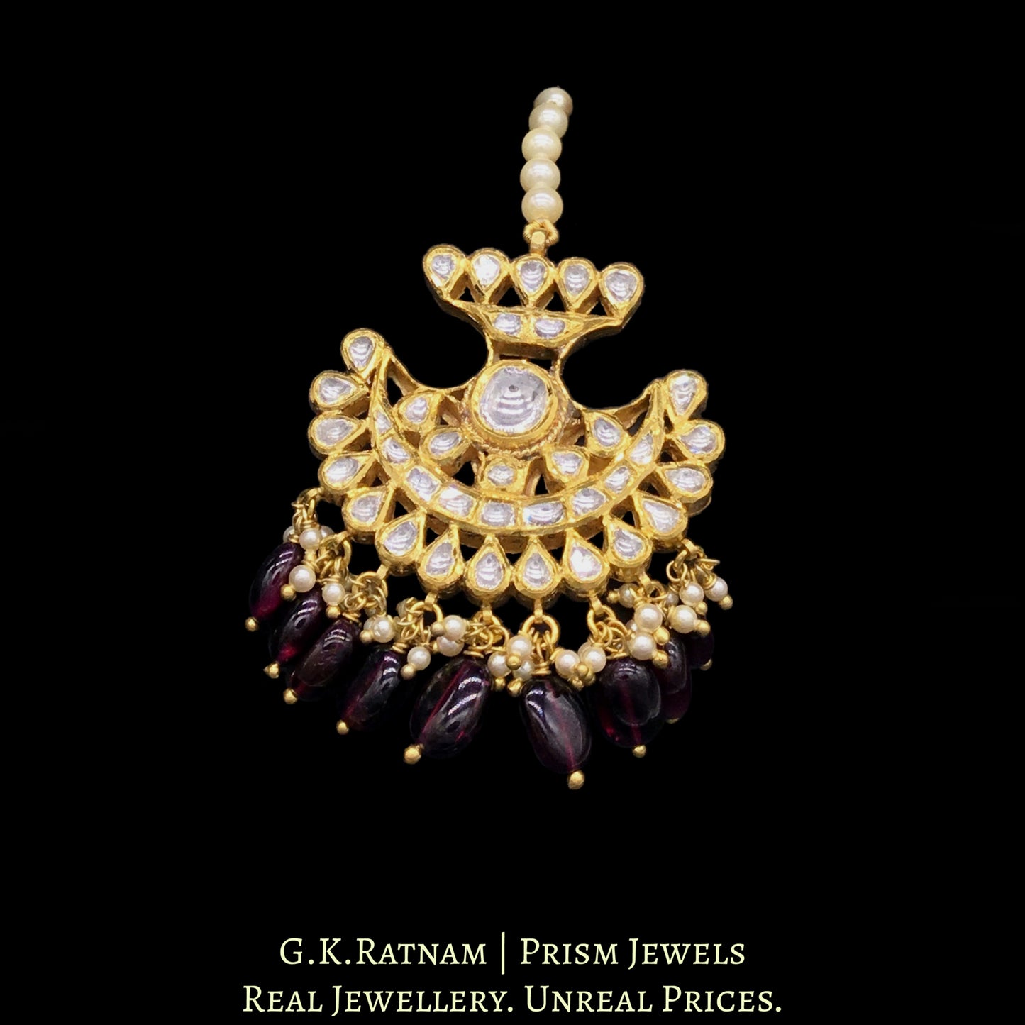 18k Gold and Diamond Polki pankhi (fan) Maang Tika with Natural Mozambique Garnets
