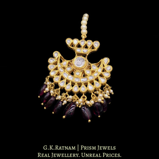 18k Gold and Diamond Polki pankhi (fan) Maang Tika with Natural Mozambique Garnets