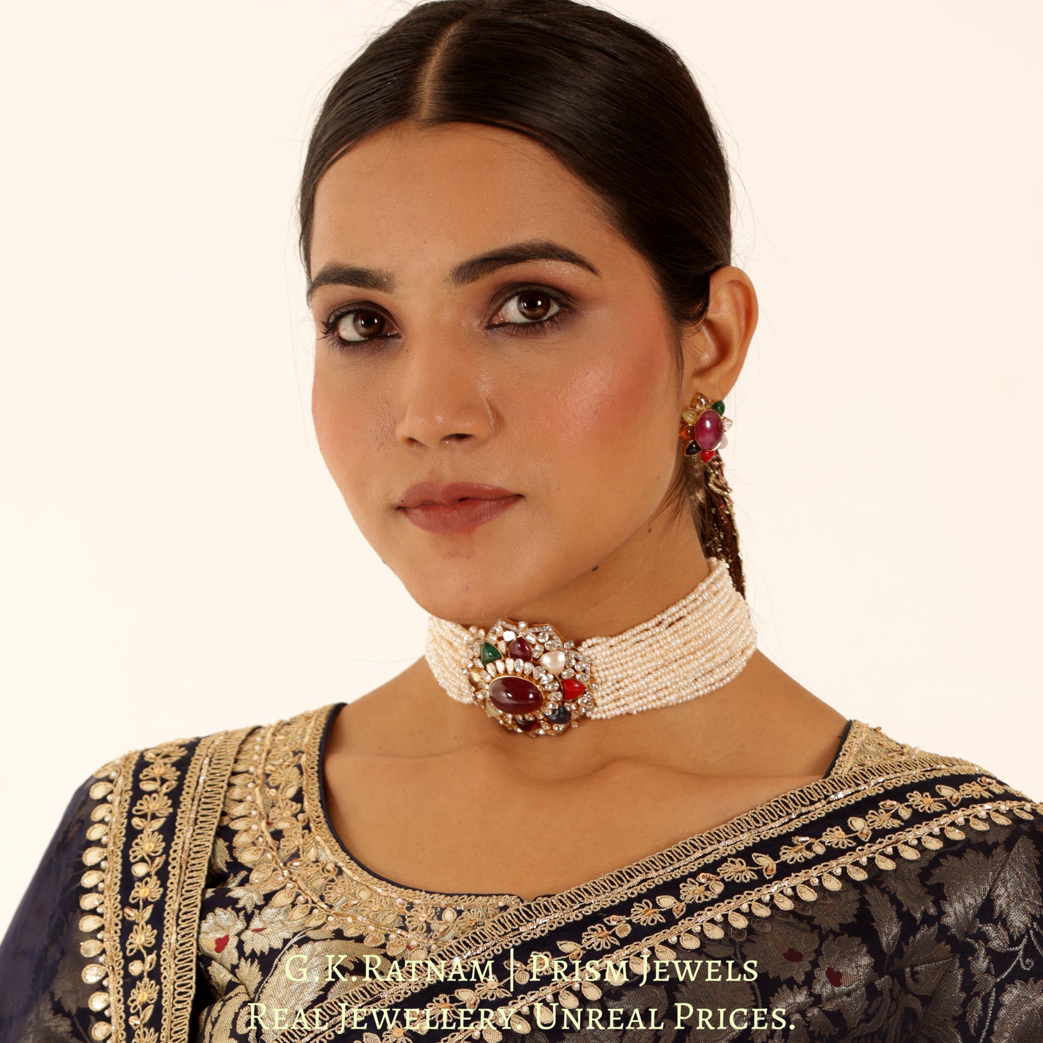 18k Gold and Diamond Polki Open Setting Navratna Choker Necklace Set with Hyderabadi Pearls