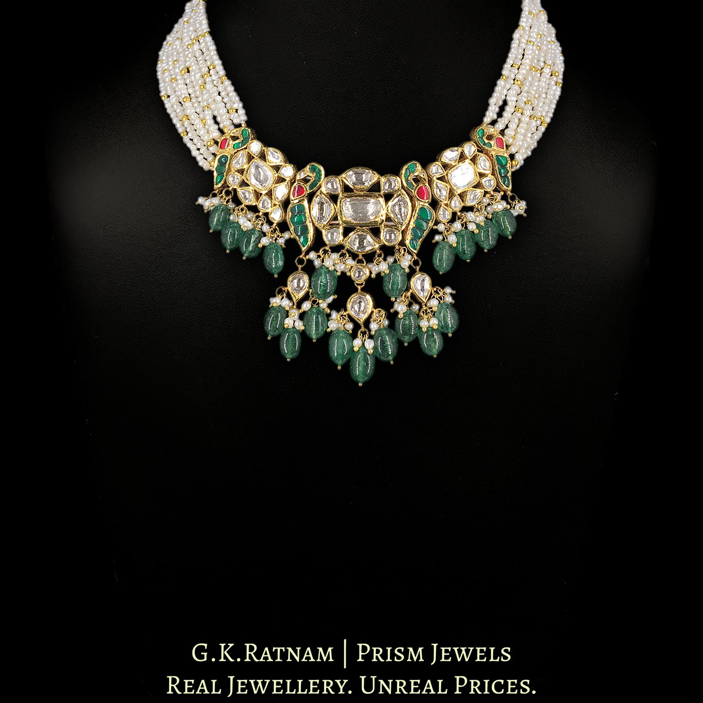 22k Gold and Diamond Polki Necklace with Natural Freshwater Pearls and Strawberry Quartz - G. K. Ratnam
