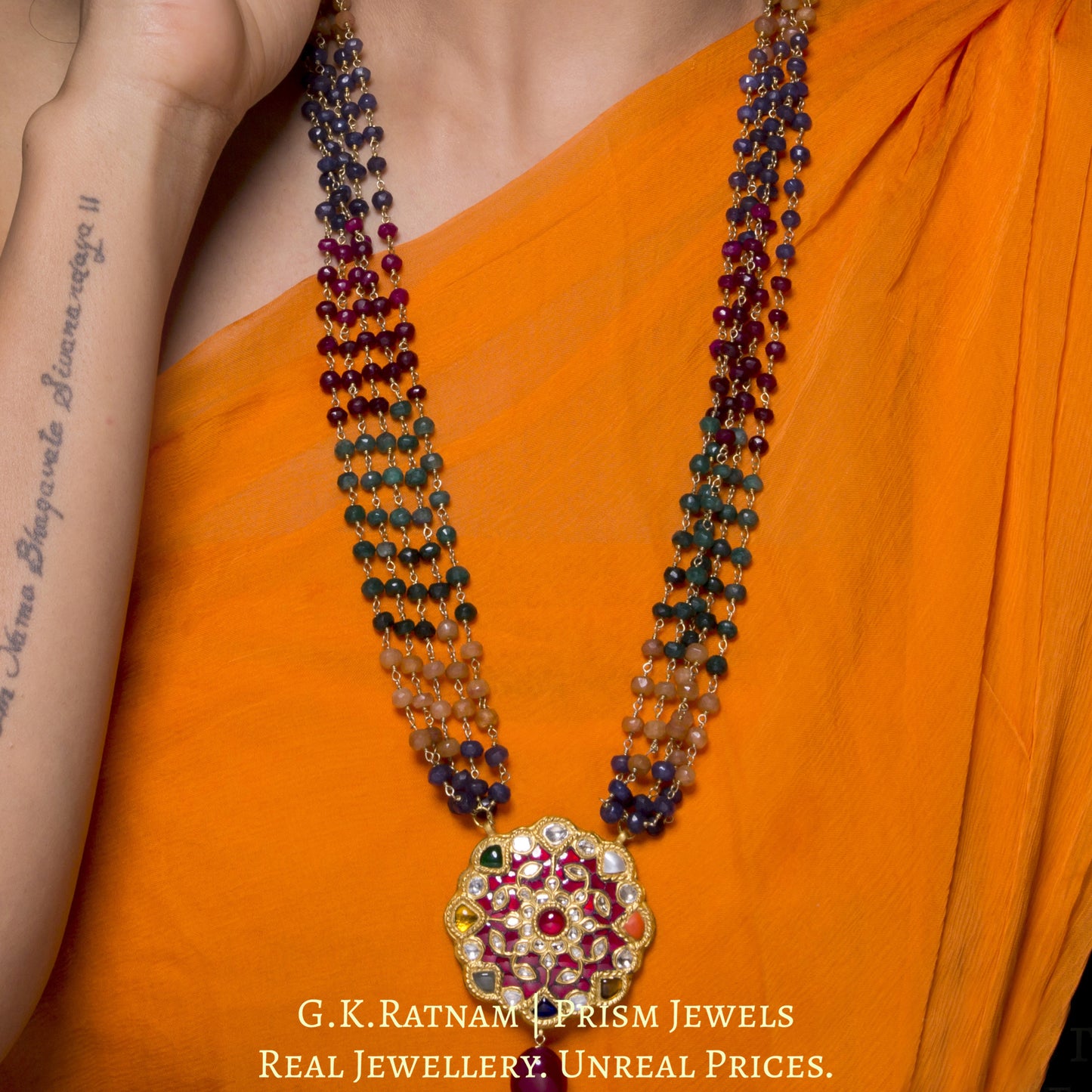 23k Gold and Diamond Polki Navratna floral Pendant Set with multi-color chains