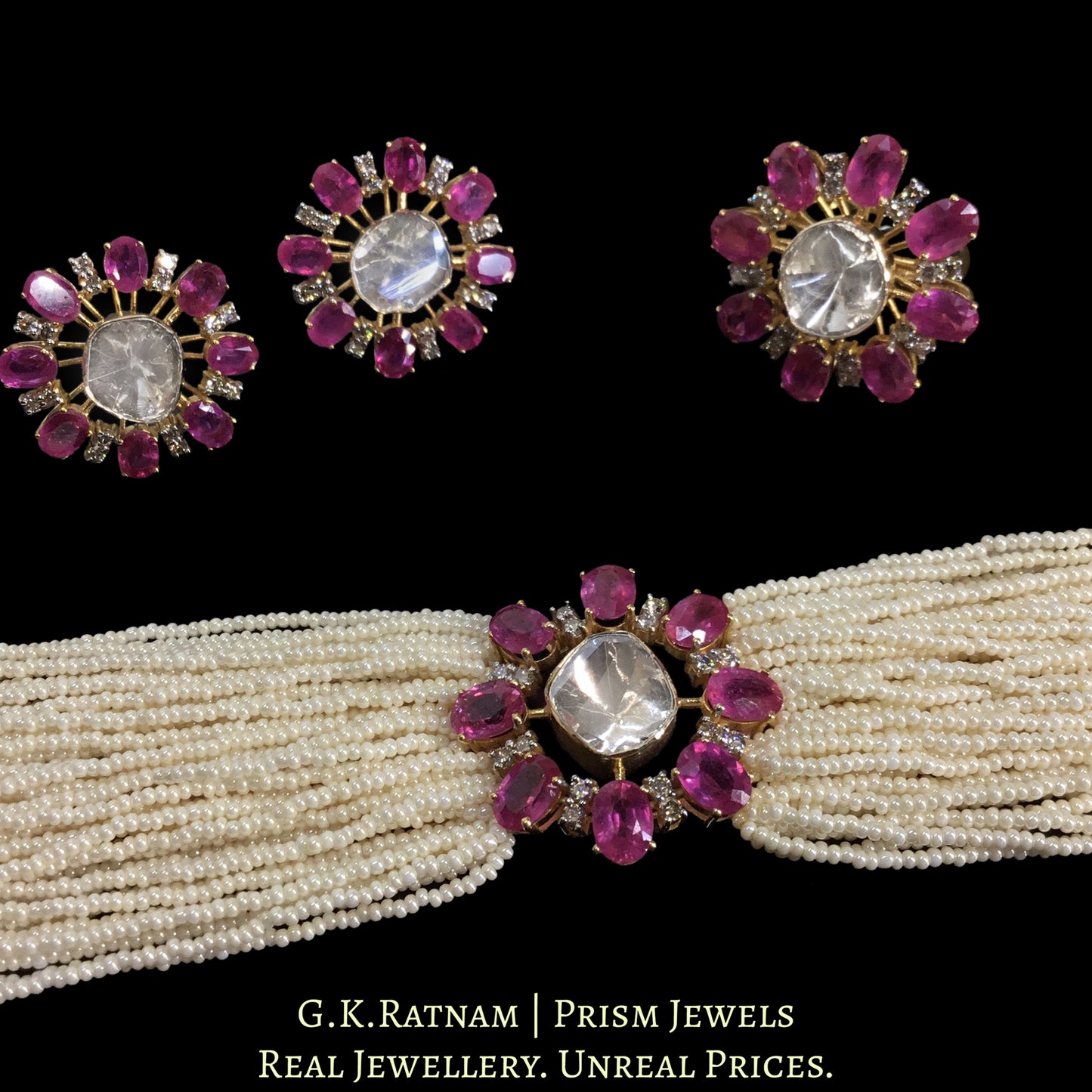 14K Gold and Diamond Polki Open Setting Ruby Choker Necklace Set With Ring - G. K. Ratnam