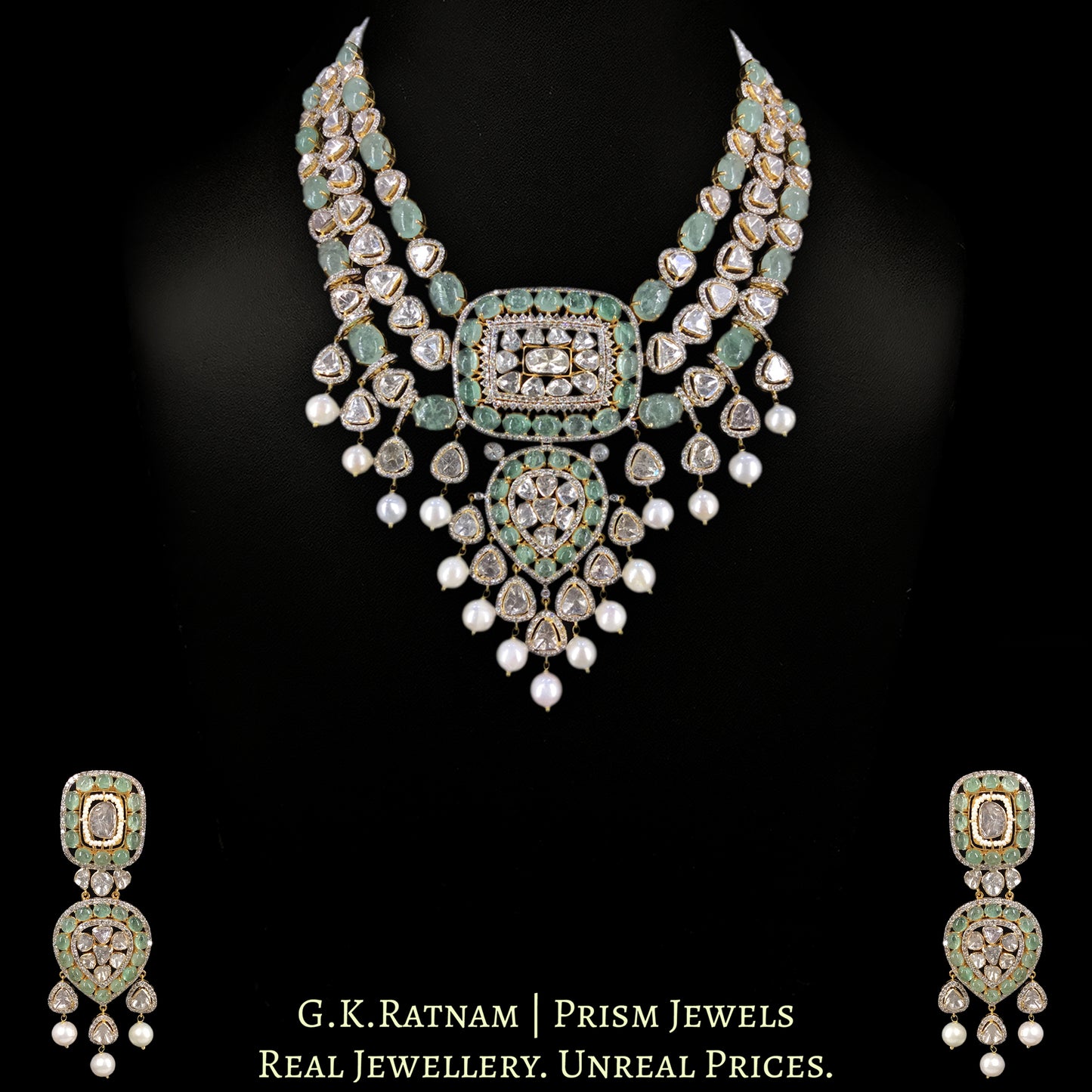 18k Gold and Diamond Polki Open Setting Necklace Set with emerald-grade cabochons