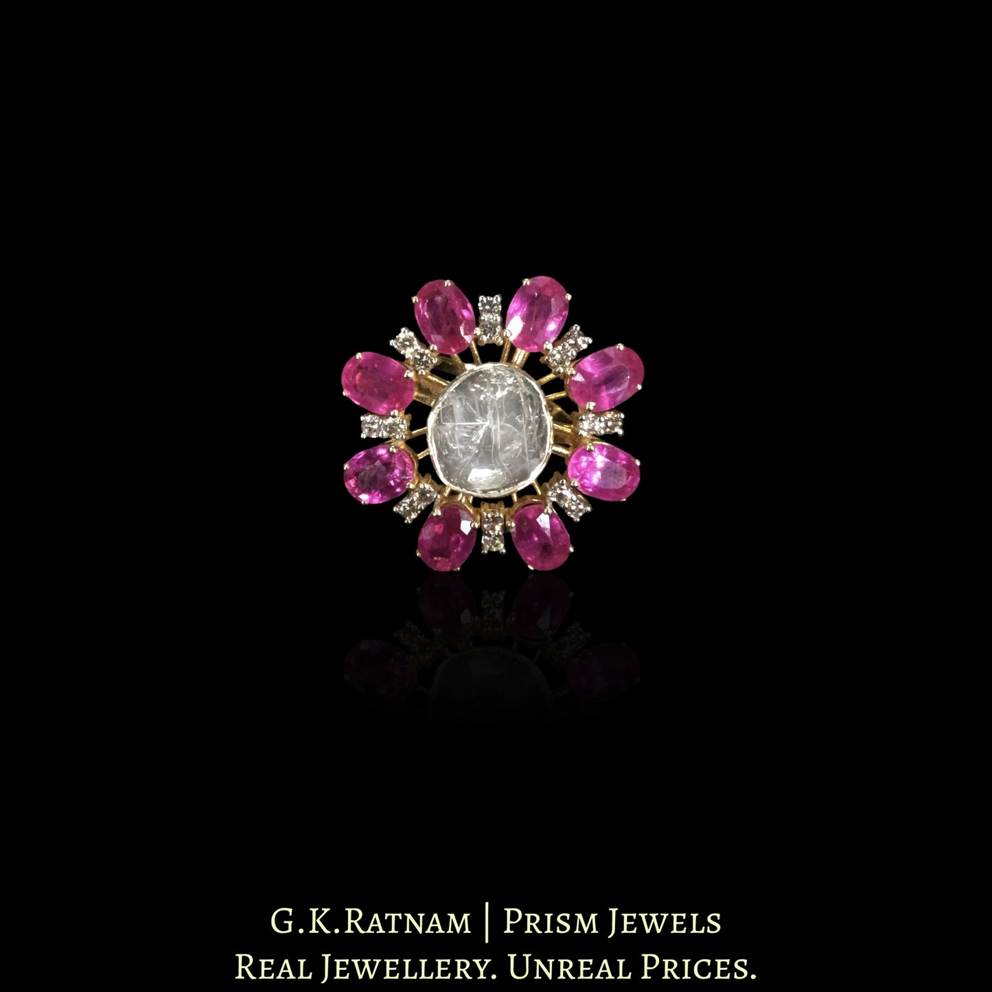 14K Gold and Diamond Polki Open Setting Ruby Choker Necklace Set With Ring - G. K. Ratnam