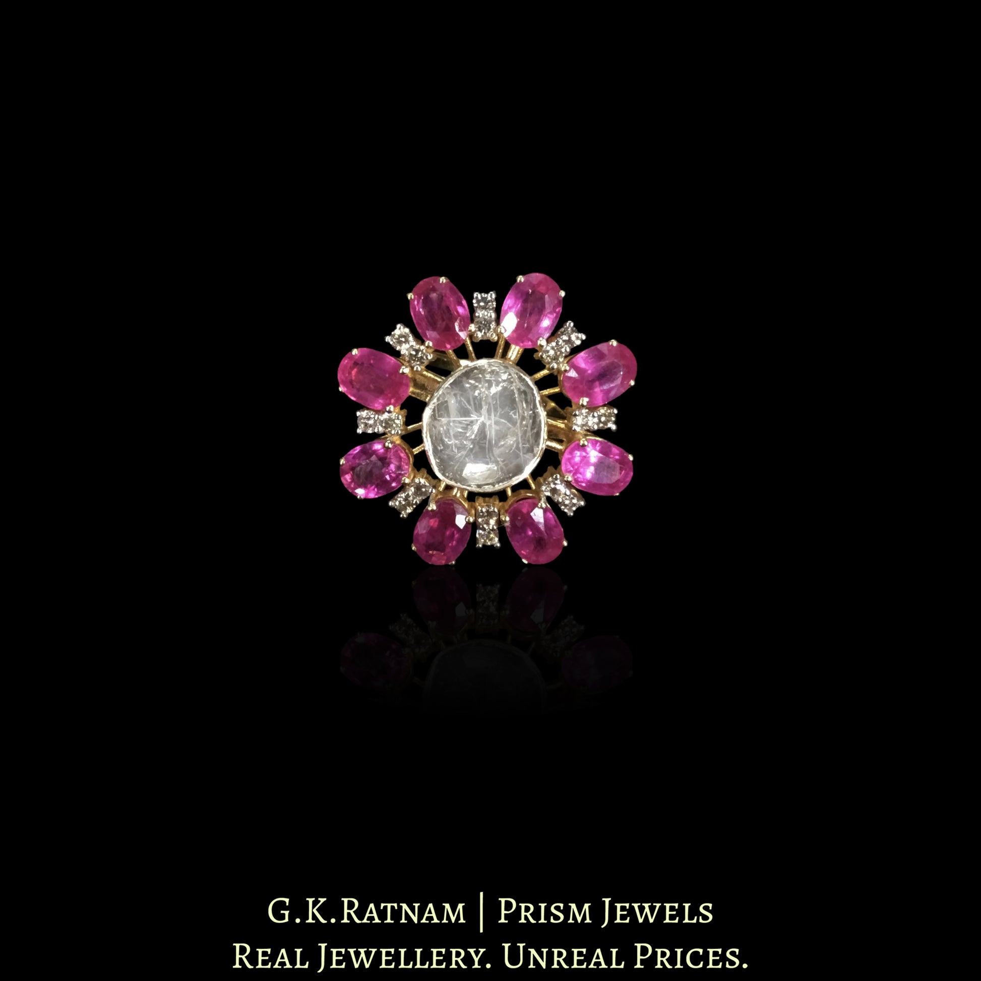 14K Gold and Diamond Polki Open Setting Ruby Choker Necklace Set With Ring - G. K. Ratnam