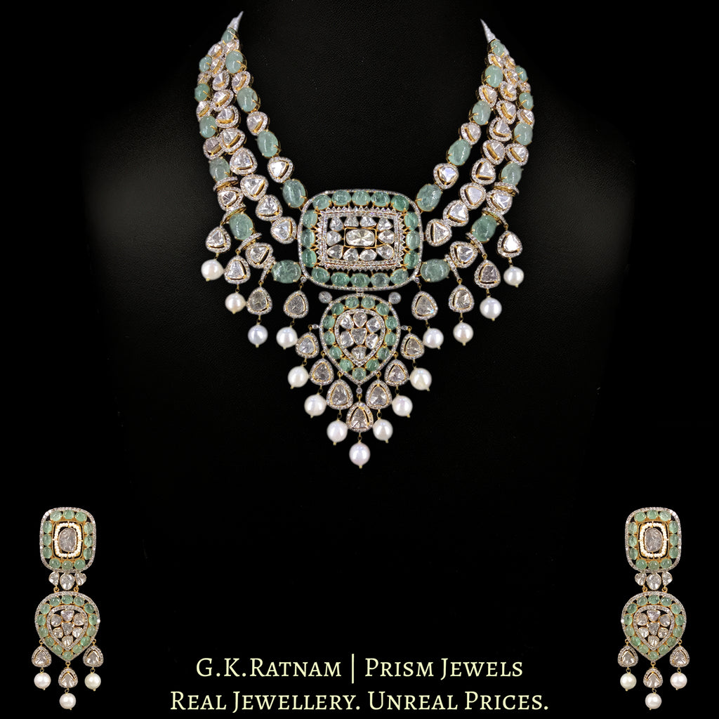 18k Gold and Diamond Polki Open Setting Necklace Set with emerald-grade cabochons