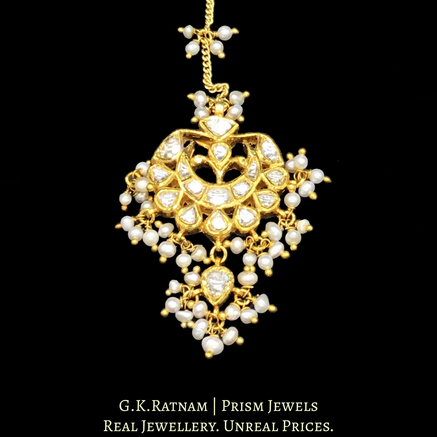 18k Gold and Diamond Polki Maang Tika with Natural Hyderabadi Pearl clusters - G. K. Ratnam