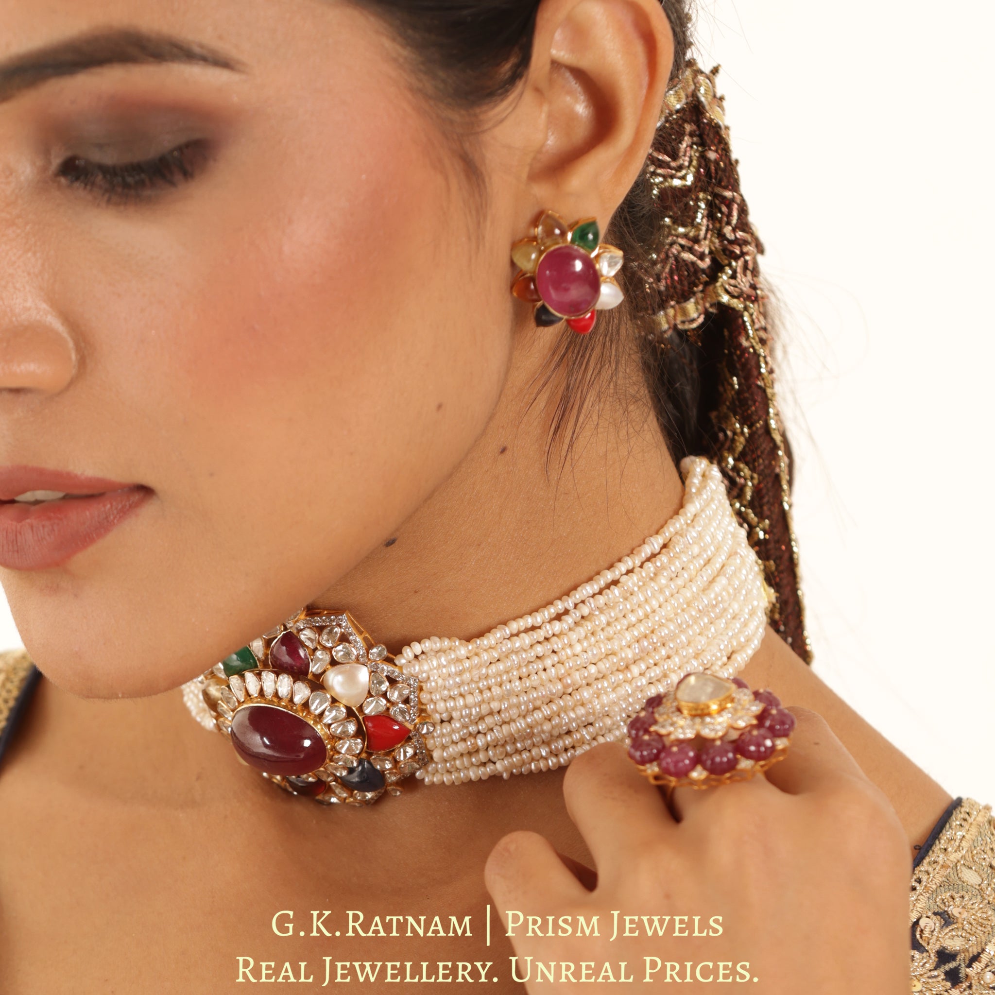 18k Gold and Diamond Polki Open Setting Navratna Choker Necklace Set with Hyderabadi Pearls