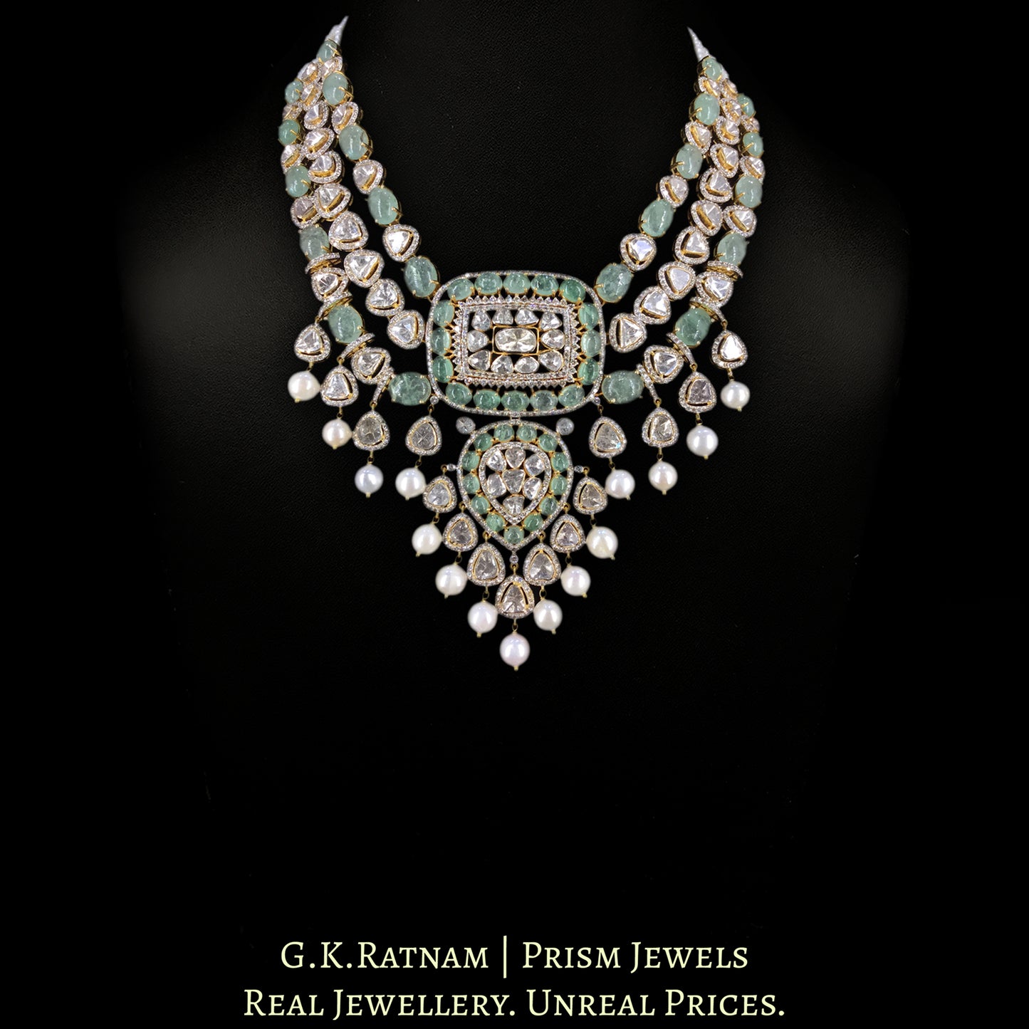 18k Gold and Diamond Polki Open Setting Necklace Set with emerald-grade cabochons