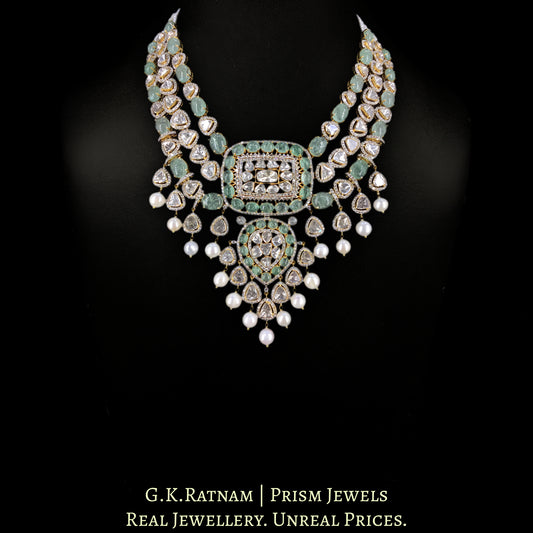 18k Gold and Diamond Polki Open Setting Necklace Set with emerald-grade cabochons