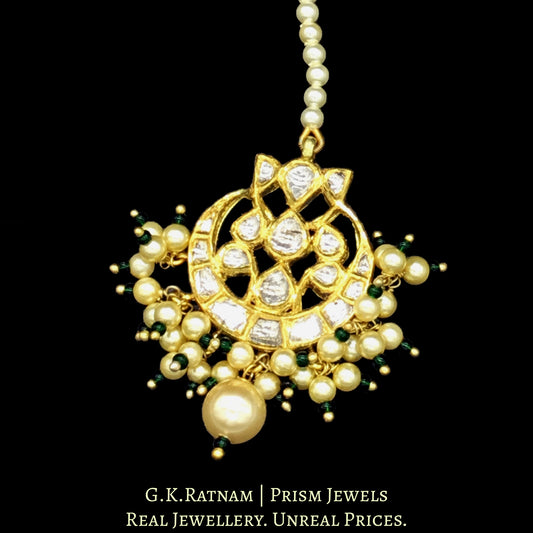 18k Gold and Diamond Polki Maang Tika with a hint of green in triple-coated shell pearls - G. K. Ratnam