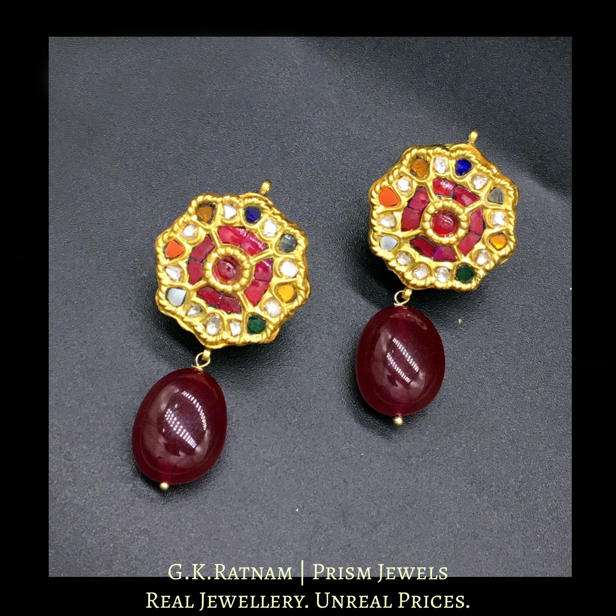 23k Gold and Diamond Polki Navratna floral Pendant Set with multi-color chains