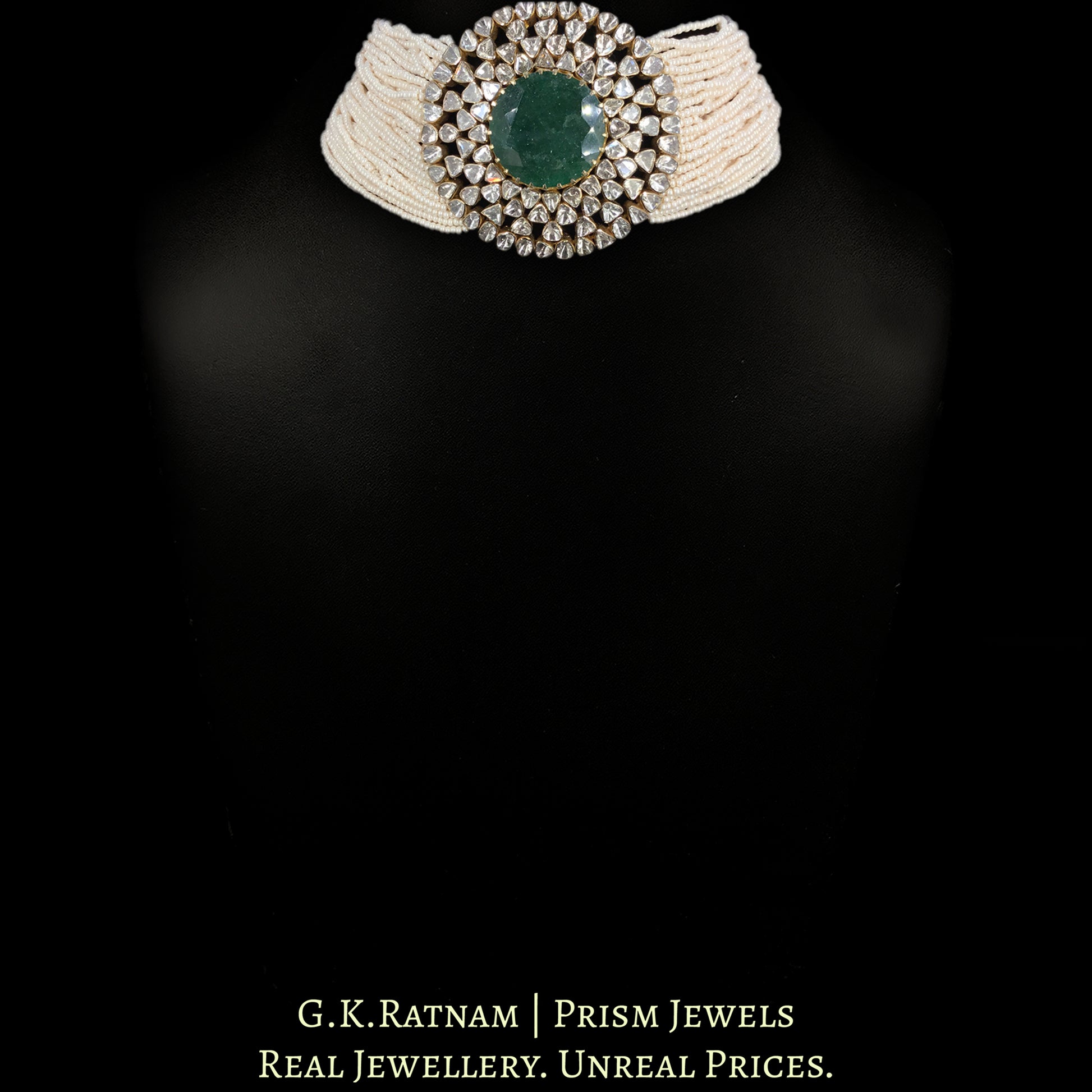18k Gold and Diamond Polki Open Setting Choker Necklace Set with emerald-grade Green Beryls and Chid Bunches - G. K. Ratnam