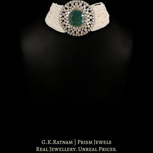 18k Gold and Diamond Polki Open Setting Choker Necklace Set with emerald-grade Green Beryls and Chid Bunches - G. K. Ratnam