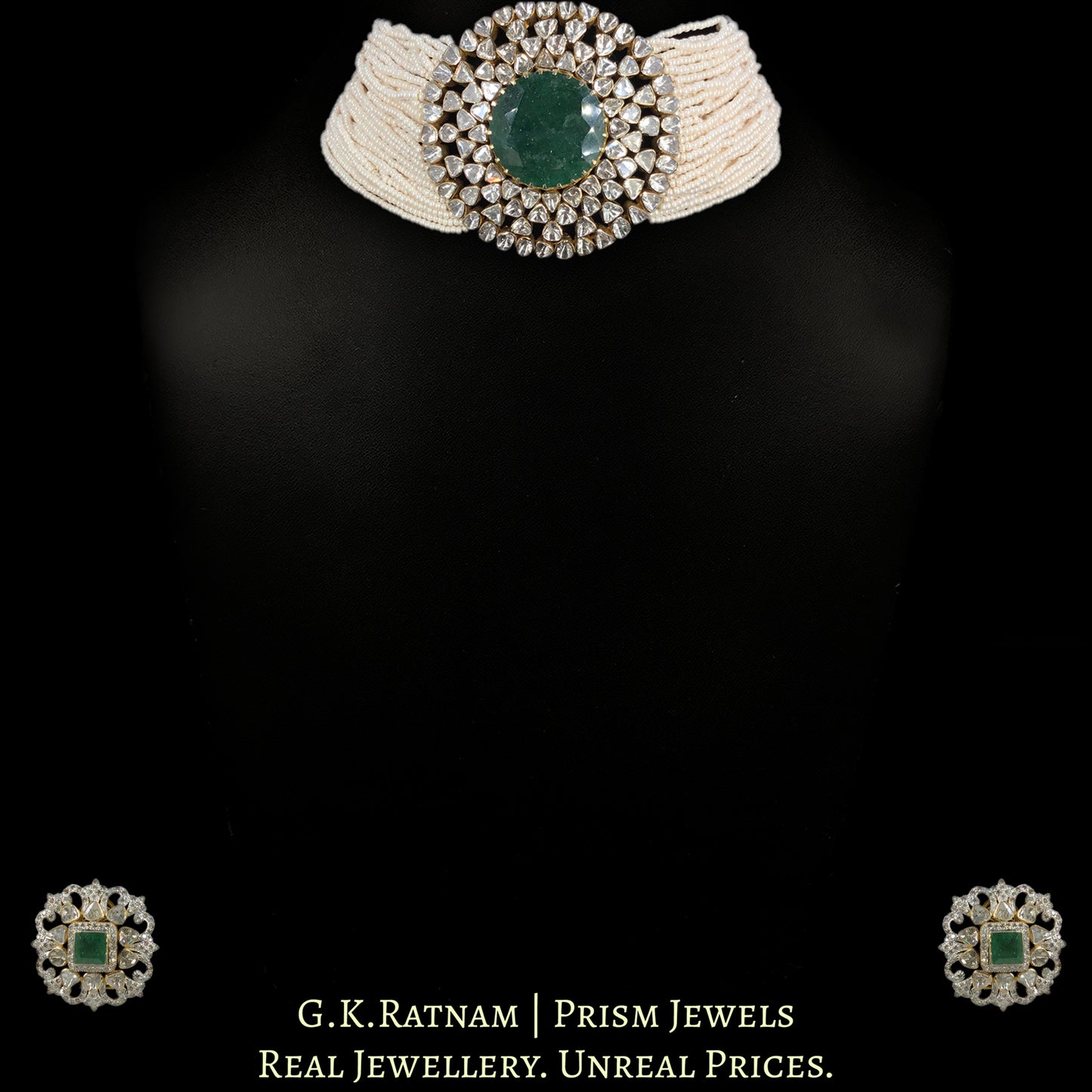 18k Gold and Diamond Polki Open Setting Choker Necklace Set with emerald-grade Green Beryls and Chid Bunches - G. K. Ratnam