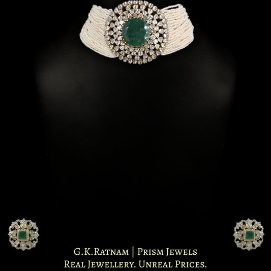 18k Gold and Diamond Polki Open Setting Choker Necklace Set with emerald-grade Green Beryls and Chid Bunches - G. K. Ratnam