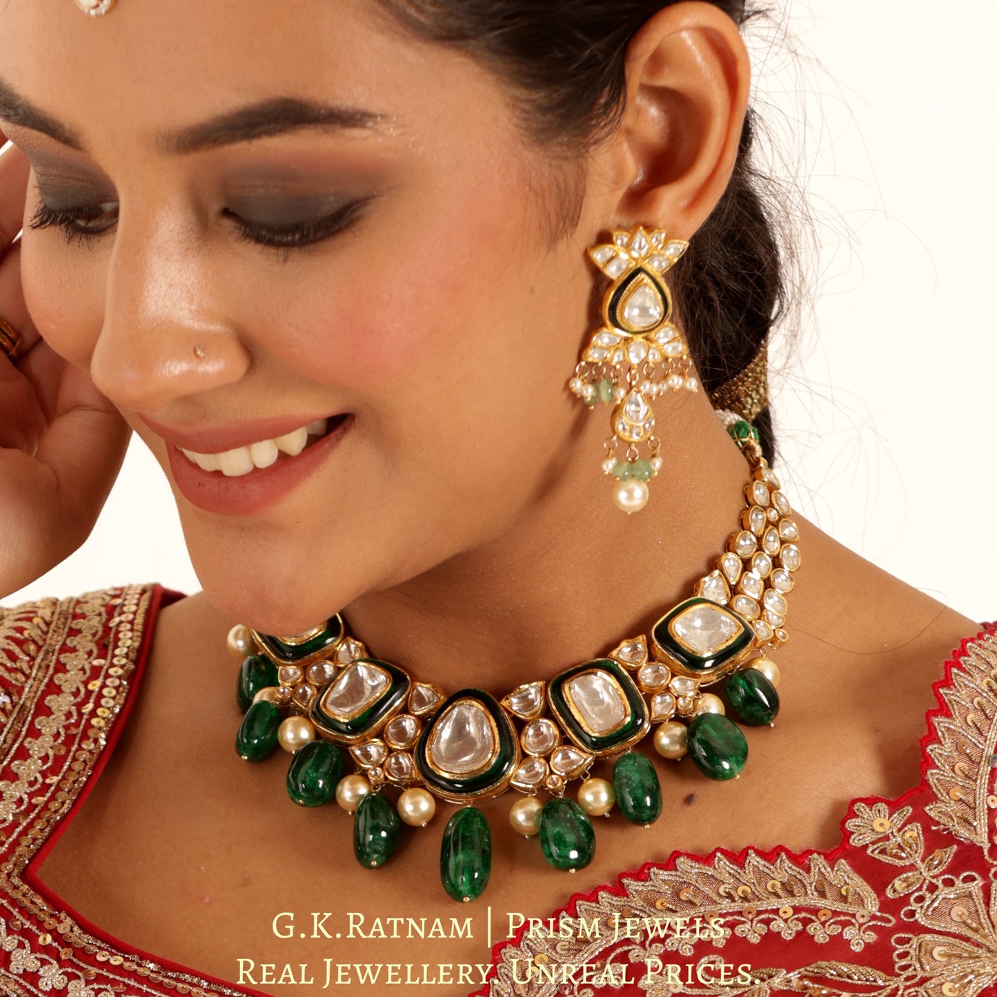 18k Gold and Diamond Polki Necklace with emerald-grade chunky Beryl Hangings